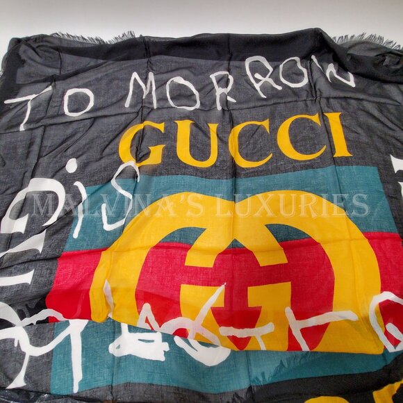 GUCCI SCARF COCO CAPITAN TOMORROW GG LOGO BLACK MODAL SILK SHAWL SQUARE 55" - Picture 13 of 15